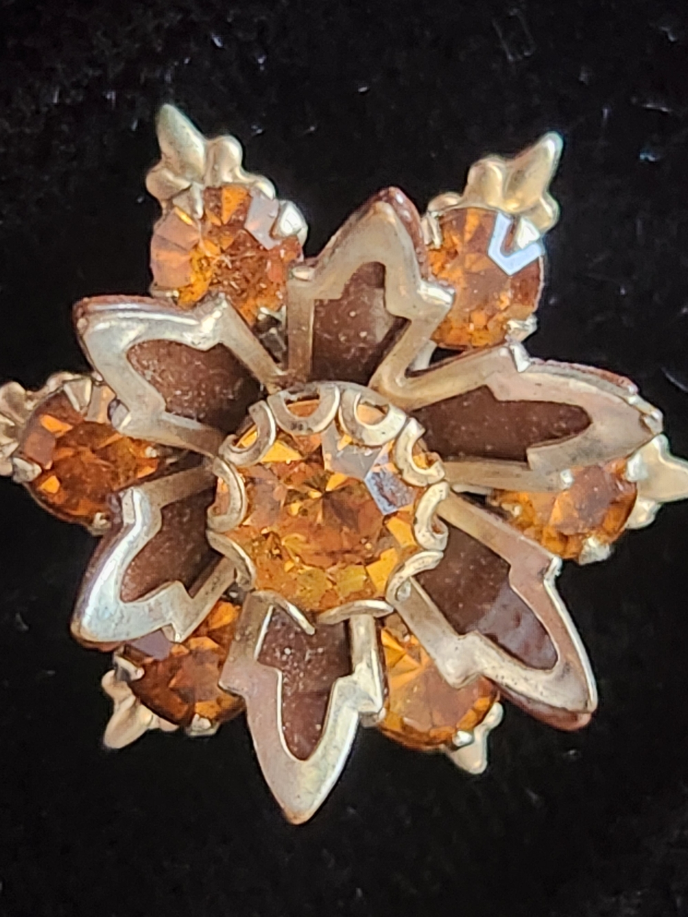 Vintage 1950s Amber Topaz Rhinestone Floral Clip-On Earrings